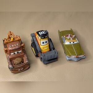 Disney Pixar Cars Diecast lot - Race Team Mater, Tex Dinoco, Drip Bulldozer
